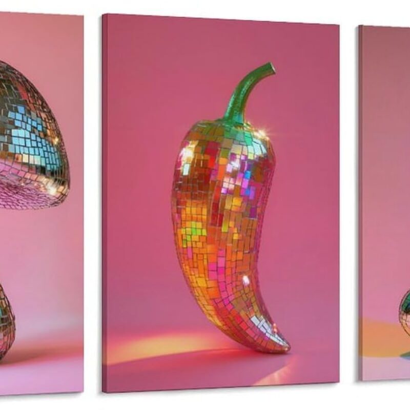 Set of 3 Disco Ball Mushroom Chilli Zucchini Print Surrealism Poster Eclectic Wall Art Kitchen Food Canvas Posters 12x18inch(30x45cm)-3pcs