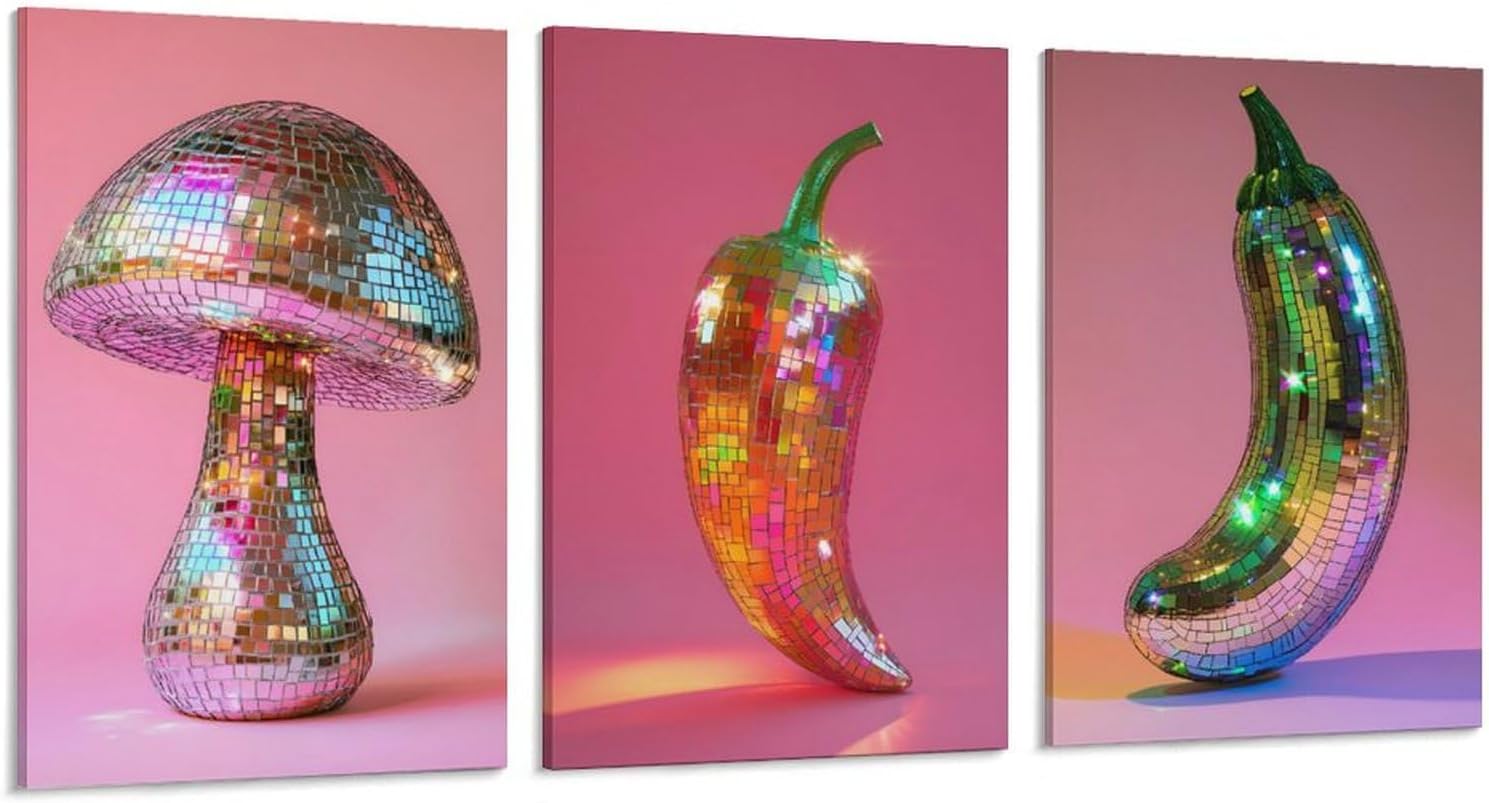 61HgLYuc5NL._AC_SL1500_.jpg Set of 3 Disco Ball Mushroom Chilli Zucchini Print Surrealism Poster Eclectic Wall Art Kitchen Food Canvas Posters 12x18inch(30x45cm)-3pcs