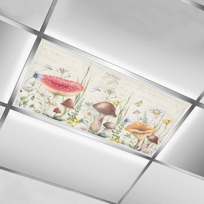 Spring 4 Pcs Fluorescent Light Covers, Mushroom and Wild Flower Retro Style Magnetic Light Filters Shade Panel Light Covers for Ceiling Lights Classroom Office Home Ceiling Decoration, 4 x 2 Ft