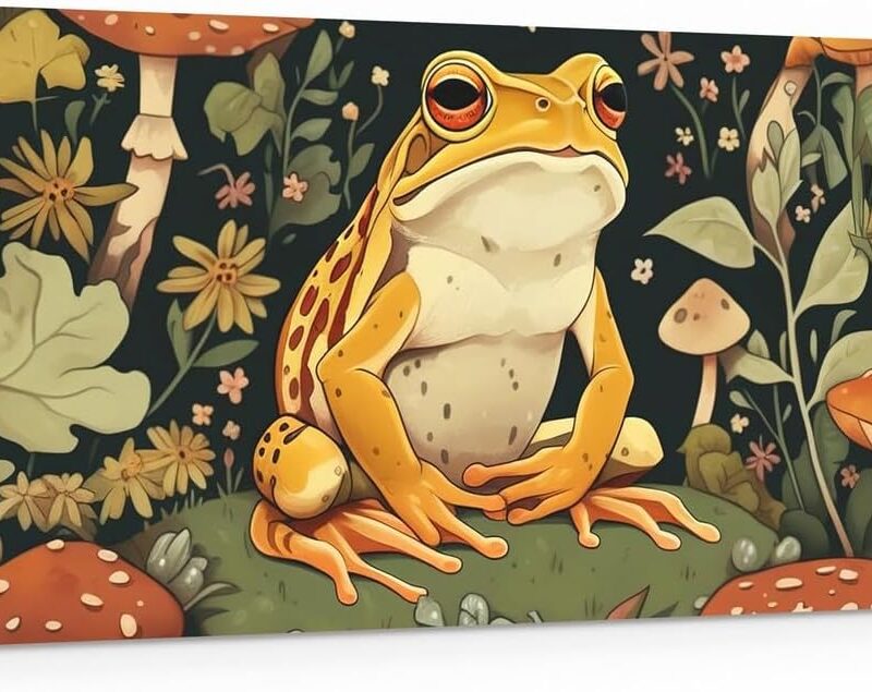 Frog Canvas Wall Art,Rustic Jungle Wild Animal Aesthetic Wall Hangings for Living Room Bedroom,Nature Botanical Leaves Mushroom Rustic Farmhouse Canvas Wall Decor Home Artwork,38"Lx19"W