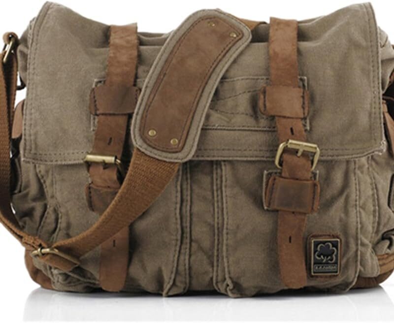 Sechunk Vintage Military Leather Canvas Laptop Bag Messenger Bags Medium