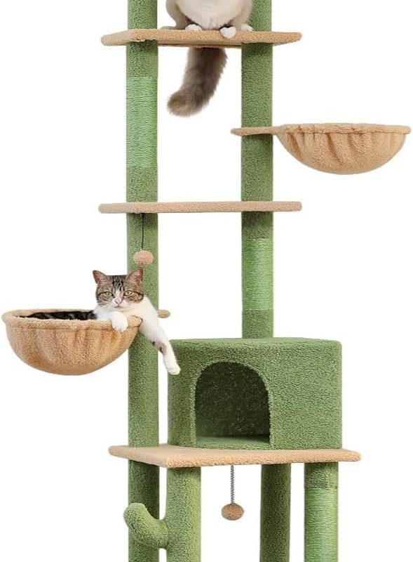 PAWZ Road Cactus Cat Tree Floor to Ceiling Cat Tower with Adjustable Height(85-112 Inches), 7 Tiers Climbing Activity Center with Cozy Hammocks, 5 Platforms and Scratching Posts for Indoor Cats