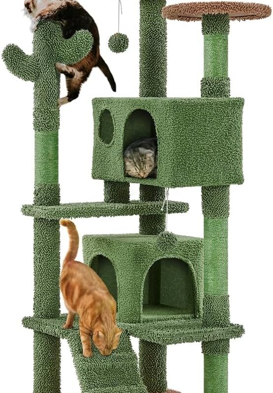 Yaheetech Cactus Cat Tree, 54.5in Tower w/Ramp, Animal-Ear Shaped Perch, Scratching Posts, Platform & Hanging Ball, Multi-Level Condo for Indoor Kittens, Green/Brown