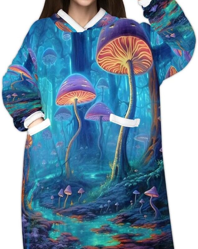 Phantom Mushrooms Wearable Blanket Hoodie for Adults Women Men, Trippy Plants Oversized Blanket Sweatshirt Warm Cozy Soft Hooded Blanket with Pocket