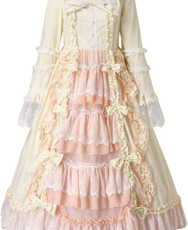 Womens Lolita Ball Gown Lace Patchwork Square Neck Halloween Maxi Outfit Bell Sleeve Cinched Waist Princess Dresses