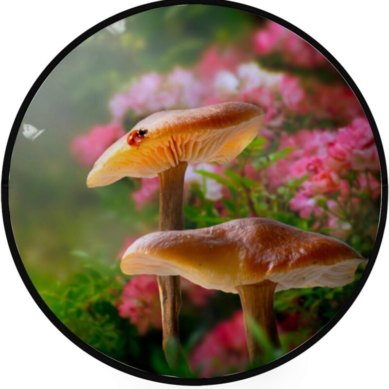 Round Area Rug 4 Ft Fantasy Magical Mushrooms Ladybug Non Slip Soft Washable Mat Flooring Carpet for Bedroom Living Room Kids Room Laundry Room Decor