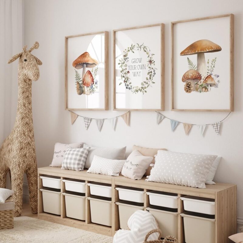 DOLUDO Mushroom Nursery Wall Art Set Of 3 Prints Grow Your Own Way Poster Gender Neutral Canvas Painting for Baby Room Nursery Decor Ready To Hang