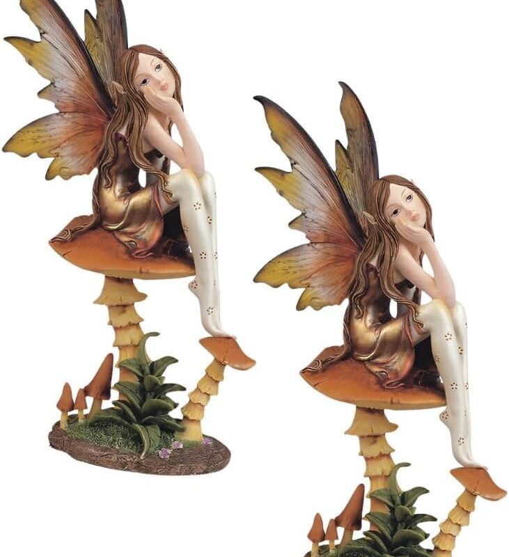 ICE ARMOR 2-PC Gift Set 9" H Gold Fairy with Clear Wings Sitting on Mushroom Figurine Statue Ornament Home Room Office Decor Ideas for Housewarming, Holidays and Birthdays