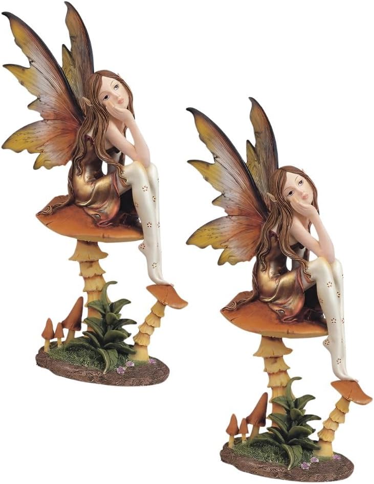 61Ofp1VB8GL._AC_SL1000_.jpg ICE ARMOR 2-PC Gift Set 9" H Gold Fairy with Clear Wings Sitting on Mushroom Figurine Statue Ornament Home Room Office Decor Ideas for Housewarming, Holidays and Birthdays