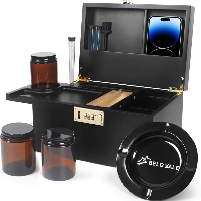 Premium Bamboo Storage Box, Upgraded Piano Coating Surface Decorative Box with Combination Lock, Black Wooden Box Kit with Sliding-Tray, Metal Plate, Alright Jars and Accessories for Great Gift.