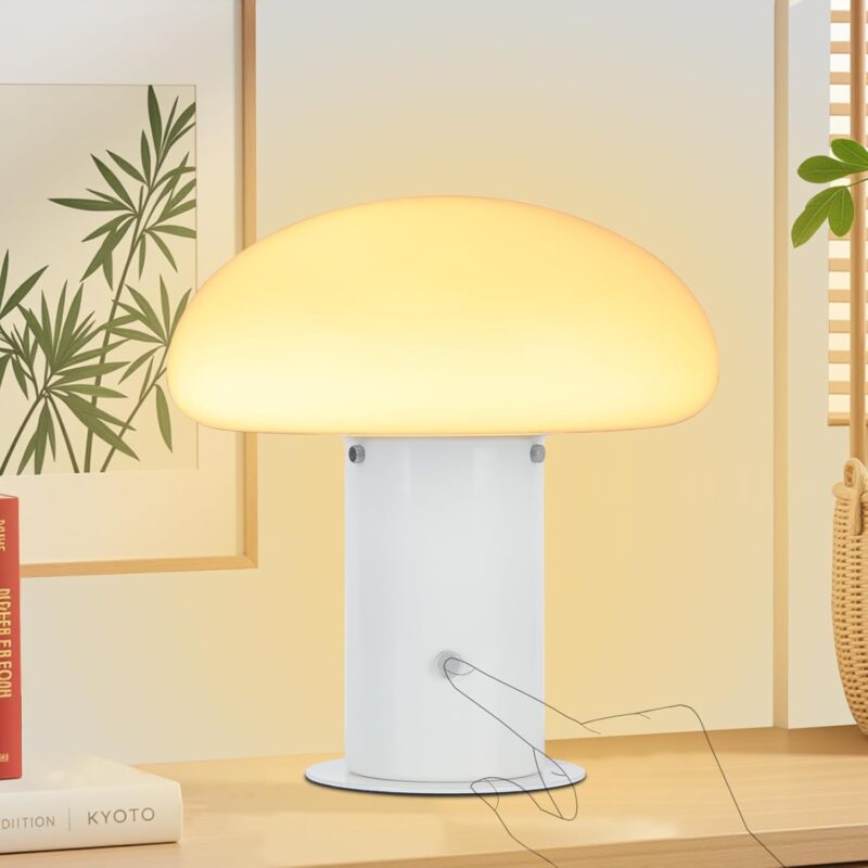 Mushroom Lamp with Touch Control Switch, 3 Way Dimmable Nightstand Lamp for Bedroom and Living Room, 6W LED Bulb Included (White)