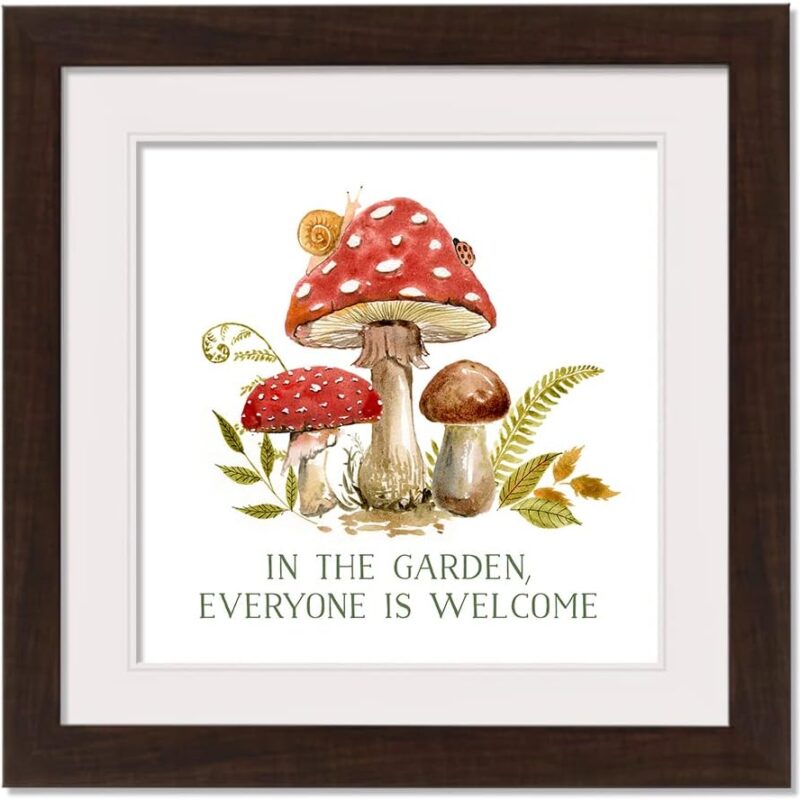 Creative Products Everyone Welcome Garden Mushroom 16 x 16 Walnut Framed Print Under Plexiglass