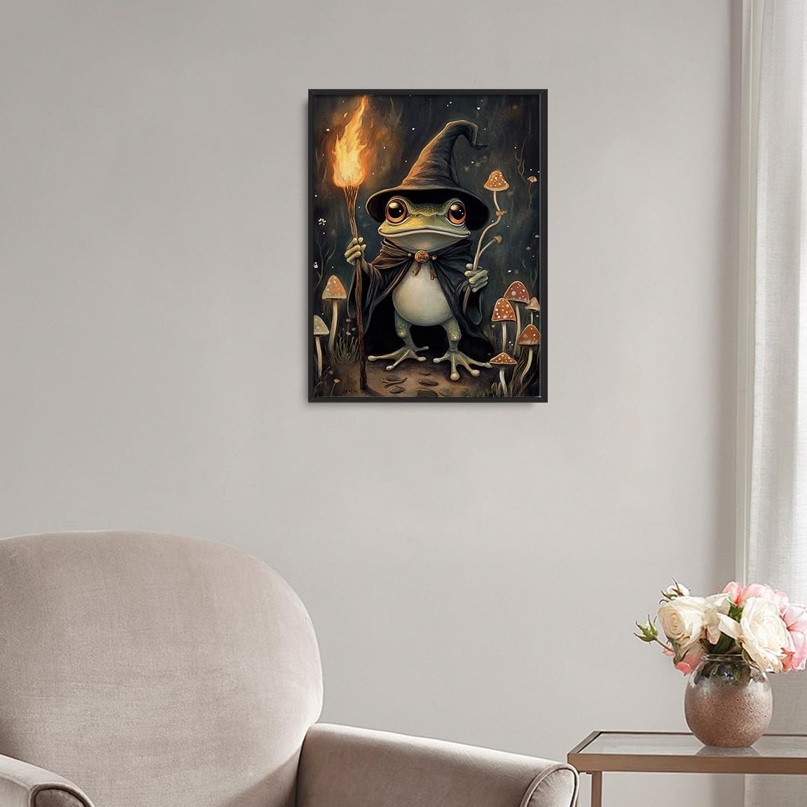 61QPnQOzsOL._AC_SL1152_.jpg Frog Wizard Wall Art – Fantasy Forest Illustration with Torch, Cloak, Mushrooms and Magic Staff, Whimsical Frog Poster for Mystical Room Decor-16x20Inch Ready to Hang(Black Aluminum Frame) - Image 6