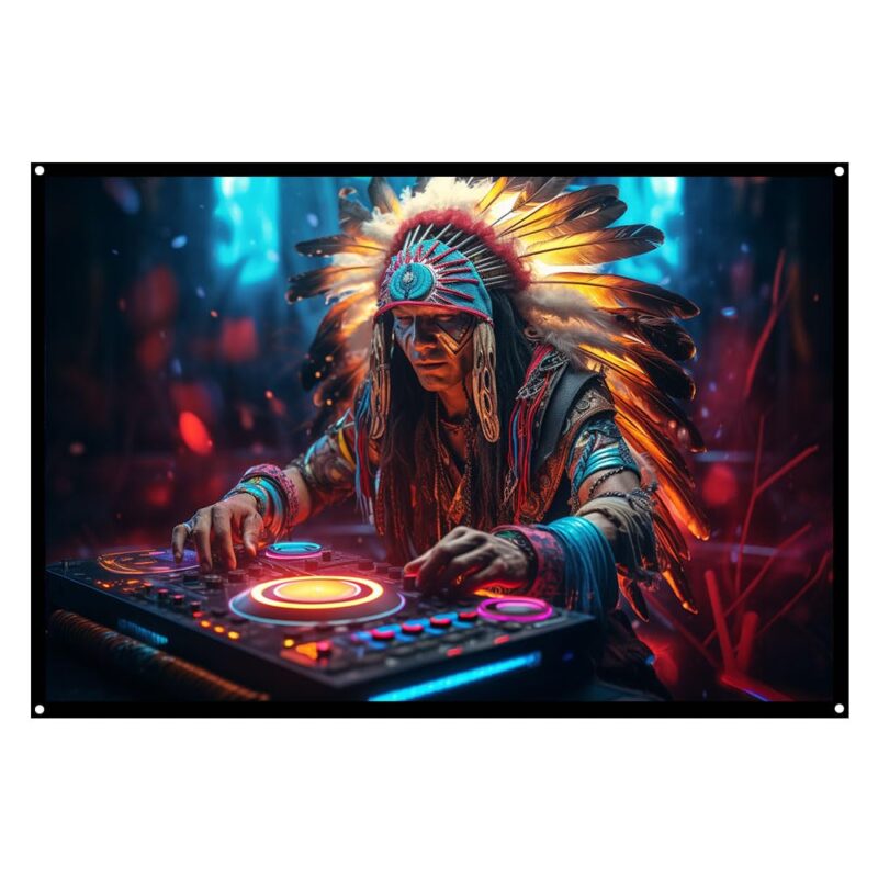 Cyberpunk Shaman DJ, UV tapestry, Blacklight Reactive Wall Hanging, Neon Backdrop, Party Decor, Psychedelic Tapestry, Visionary Wall Art (Medium)