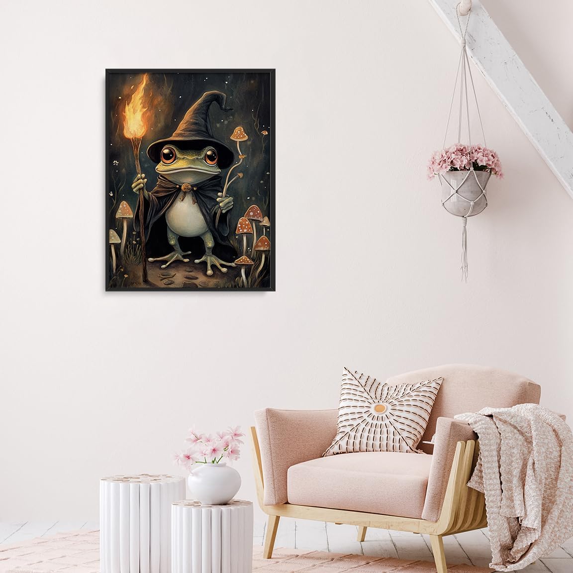 61SKAXvekL._AC_SL1152_.jpg Frog Wizard Wall Art – Fantasy Forest Illustration with Torch, Cloak, Mushrooms and Magic Staff, Whimsical Frog Poster for Mystical Room Decor-16x20Inch Ready to Hang(Black Aluminum Frame) - Image 5