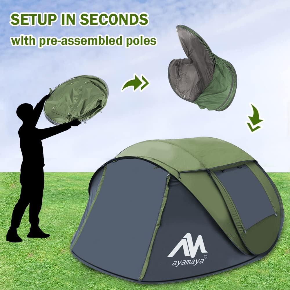 61Sgwm1eRxL._AC_SL1000_.jpg 4 Person Pop Up Tents for Camping - AYAMAYA Waterproof Instant Family Tents with Skylight & Removable Rainfly, Upgraded Large Size with 2 Doors -Automatic Easy Setup Beach Tent with Poles - Image 2