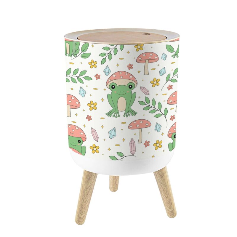 Small Trash Can with Lid Cottagecore Frog Mushrooms Seamless 1.8 Gallon/7L Garbage Can Waste Bin with Press Top Lid Legs Waste Basket for Bathroom Kitchen Bedroom