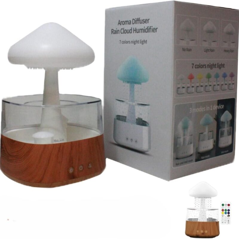 Rain Cloud Humidifier Water Drip Mushroom Diffuser Rain Lamp Raindrop Sound with 7 Changing Colors Raining Night Light Cute Lamp Soothing Meditation Aromatherapy Relaxing Rain Bedroom (Wooden)