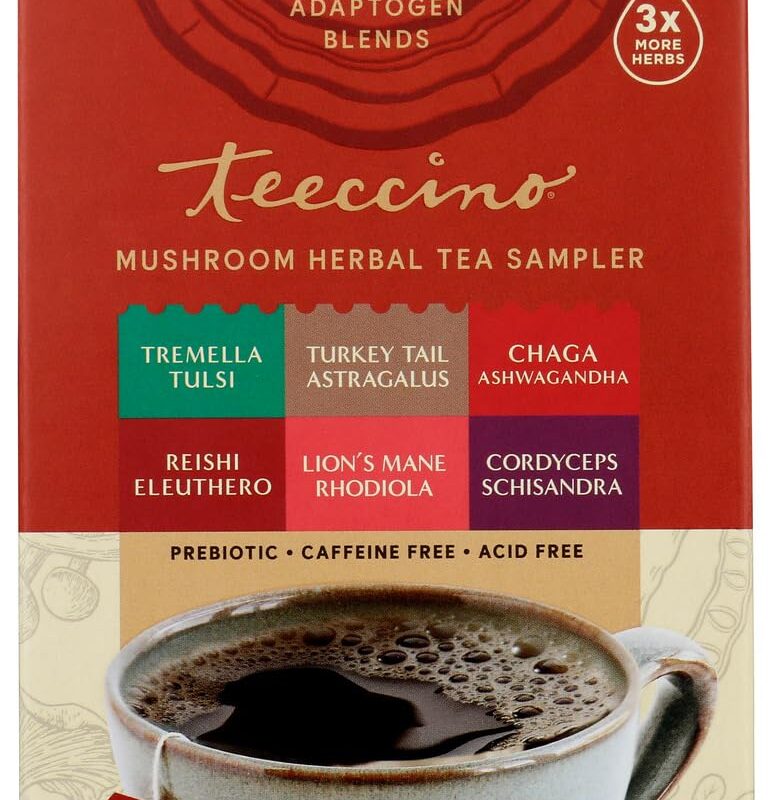 Teeccino Mushroom Herbal Tea Sampler, Caffeine-Free, Vegan Friendly, Organic, Gluten Free, 12 Tea Bags (Pack of 6)