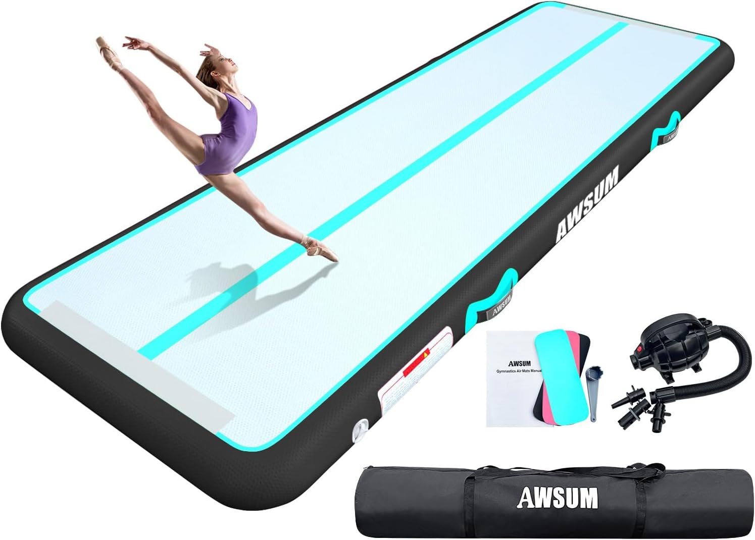 61UlGJDjgcL._AC_SL1500_.jpg AWSUM Inflatable Air Gymnastics Mat 10ft/13ft/16ft/20ft/23ft Training mat 4/8 inches Thick tumbling mat with Electric Pump for Home/Gym/Outdoor