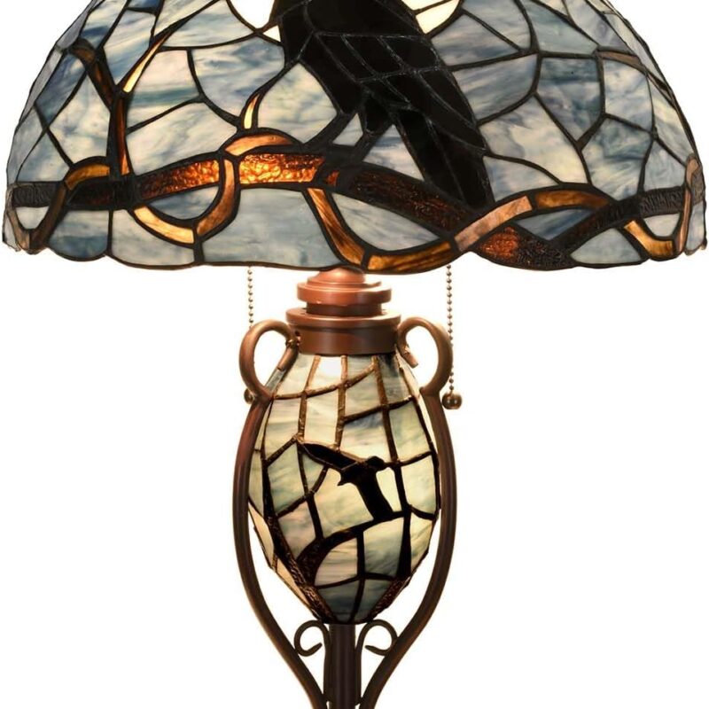 Bieye L10954 Raven Sitting on Bare Tree Branch in Full Moon Night Tiffany Style Stained Glass Table Lamp for Home Decor (Dark Blue, 16Wx24H)