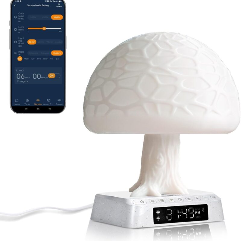 Light Alarm Clock Mushroom Tree lamp Dawn Simulator Sunrise Lamp Wake up Lamp Aesthetic Cute Alarm Clock Bioclock Adjustment APP Control Built-in Natural Ambient White Noise