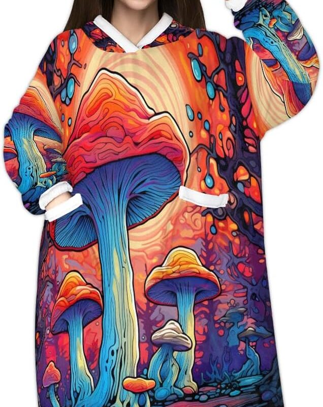 Magic Mushroom Tree Wearable Blanket Hoodie for Women Men Adults, Oversized Hoodie Blanket Mushroom Flower Warm Cozy Soft Fleece Hooded Blanket Sweatshirt with Pockets