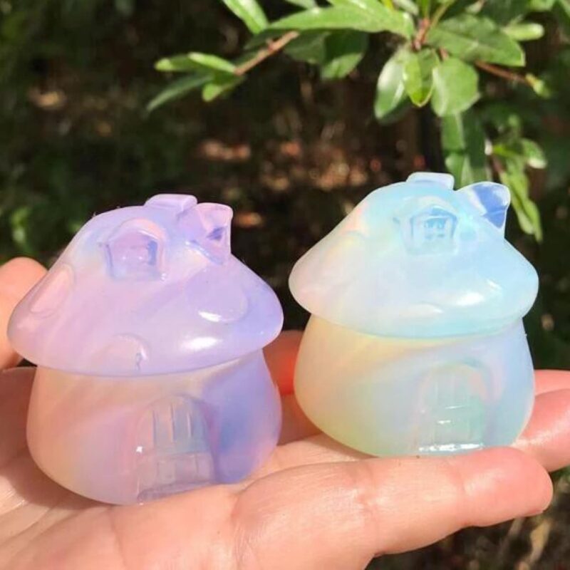 Crystals and Stones Mushroom House Figurines Natural Opal Carving Plant Statue Christmas Luck Gift Reiki Home Garden Aquarium Decor 1PC (Color : White Opalite, Size : 1.57 Inch)