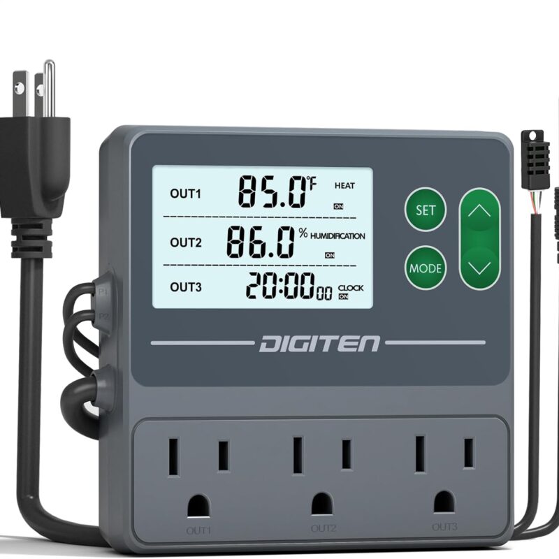 DIGITEN Temperature and Humidity Controller with Timer - 3 Outlet, 2 Separate Probes, Plug in Temperature Controller for Reptiles,Snake, Mushrooms, Tent, Triple Control for Temp,Humidity,Time