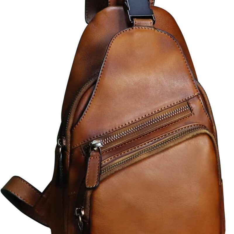 LRTO Genuine Leather Sling Bag Crossbody Purse Handmade Hiking Daypack Motorcycle Bag Retro Shoulder Backpack Vintage Chest Bag (Brown)
