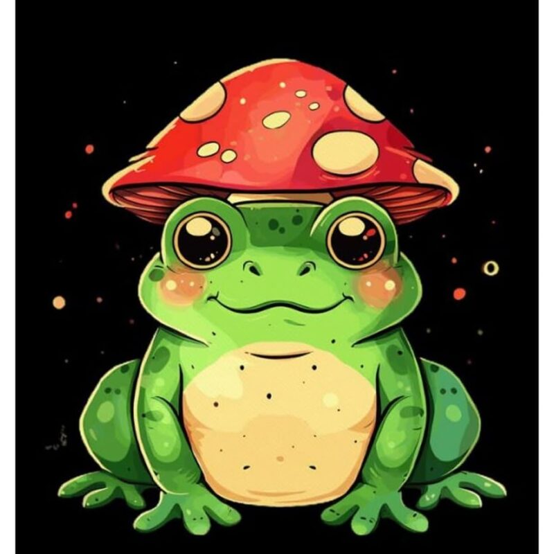 Cute Frog with Mushroom Hat Canvas Wall Art Print Poster with Scroll Framed Ready to Hanger Decor for Bedroom Living Room Office