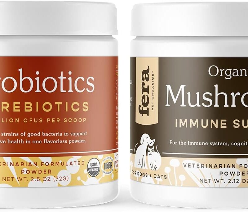 Fera Pet Organics Probiotic and Allergy & Immune Support Mushroom Supplement Bundle for Dogs and Cats – All Natural Probiotics Powder with 5 Billion CFUs per Scoop – Mushroom Blend Immune Booster