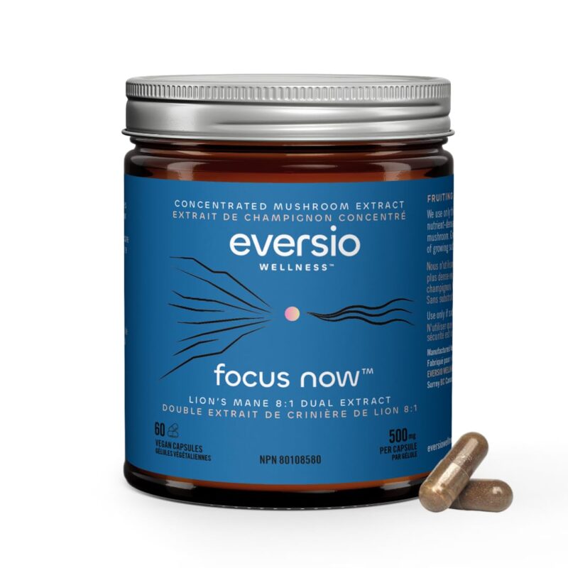 Eversio Wellness Organic Lion’s Mane Mushroom Supplement Focus Now - 8:1 Dual Extract, 500mg, 60 Vegan Capsules, >35% Beta-D-Glucans, Memory & Focus Support