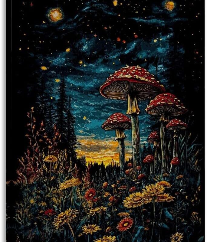 Mushrooms and Wildflowers Gothic Dark Starry Sky Poster Canvas Print Retro Abstract Artwork Aesthetic Home Decor for Living Room Home Office Bedroom Wall Art Decor Framed20x30inch