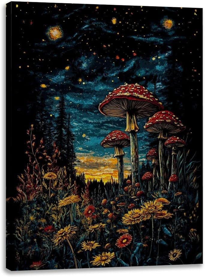 61c3ArGMh6L._AC_SL1000_.jpg Mushrooms and Wildflowers Gothic Dark Starry Sky Poster Canvas Print Retro Abstract Artwork Aesthetic Home Decor for Living Room Home Office Bedroom Wall Art Decor Framed20x30inch