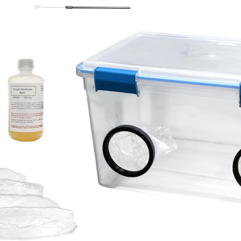 Still Air Box Mushroom Grow Kit w/ Culturing Supplies - 22.5"L x 16"D x 12.75"H w/ Tight Gasketed Lid - Includes PDA, Petri Dishes, Inoculating Loop, 70% IPA Spray Bottle, Disp. Sleeve Covers
