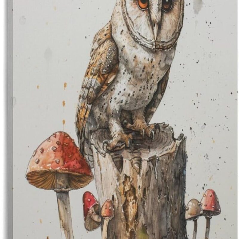 HighonHi Owl Sitting on A Stump with Mushroom Canvas Wall Decor for Bedroom Animal Lovers Canvas Wall Art Artwork for Bedroom Living Room Kitchen Office Canvas Prints 24x36inch