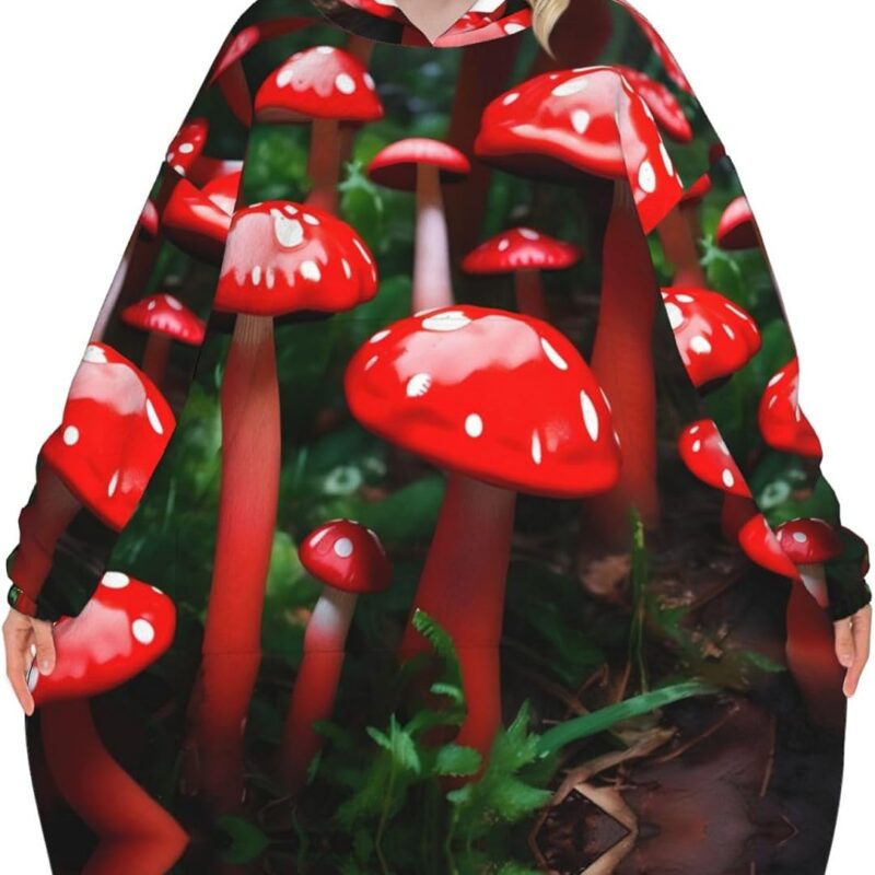 Red Mushrooms Print Blanket Hoodie Oversized Hooded Sweatshirt Blanket With Sleeves Cozy And Giant Winter Gift