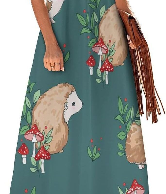 Womens Long Maxi Dress Casual Adjustable Spaghetti Strap V Neck Sundresses, Baby Hedgehog Mushroom
