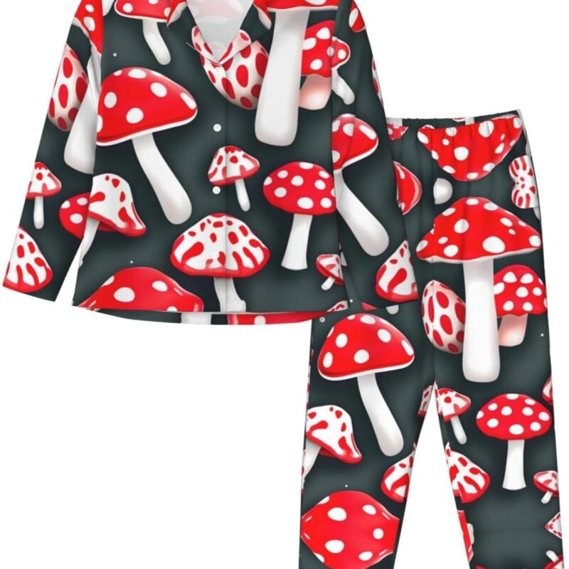Red White Mushroom print Women Pajama Set Fashion Long-Sleeve Shirt and Full-Length Bottom Pajama Set for Women