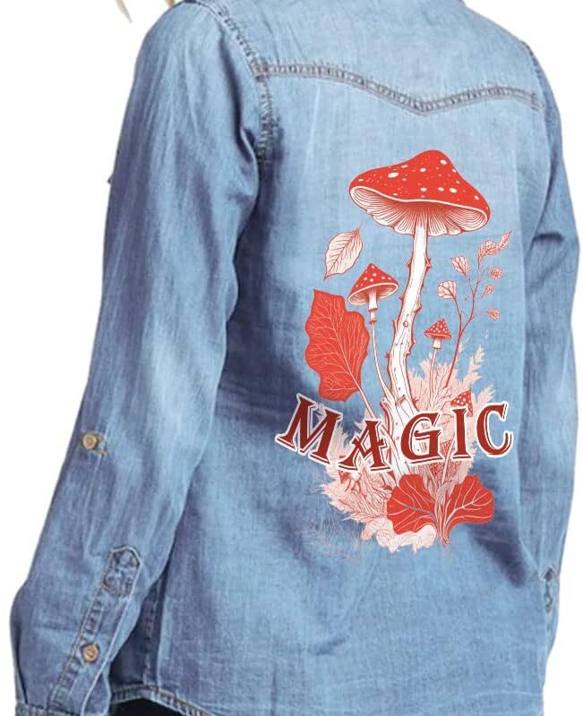 Magic Women's Long Sleeve Denim Shirt - Colorful Ladies Denim Shirt - Mushroom Denim Shirt