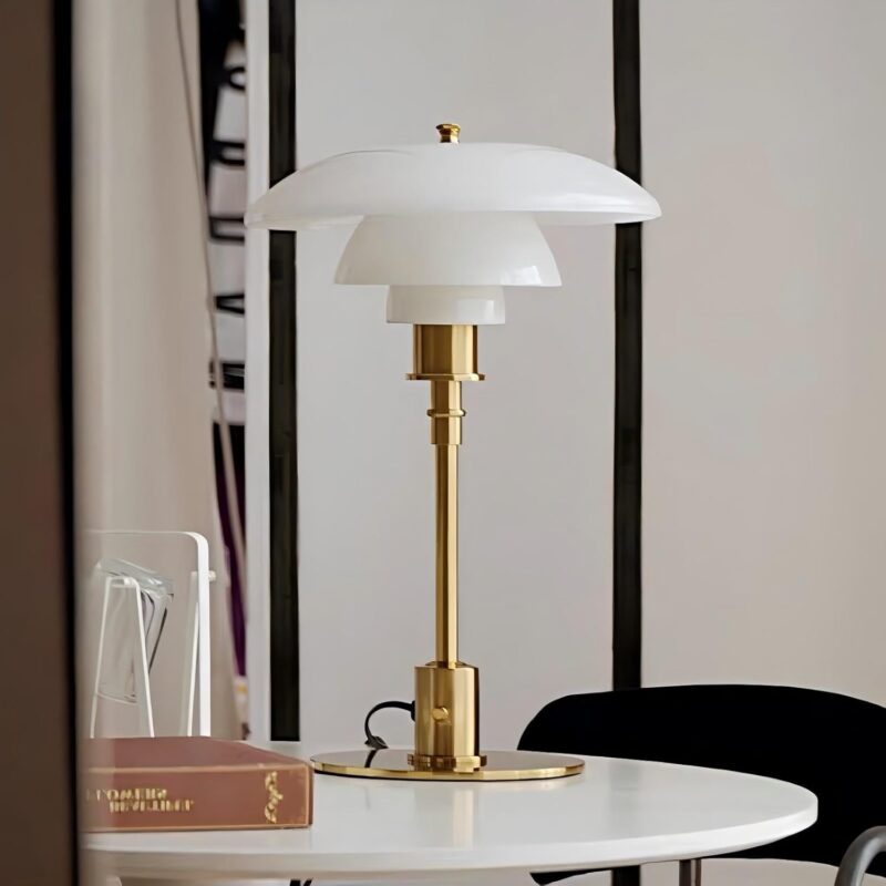 LIGHTLAND Modernist Table Lamp, Metal and Glass Bedside Light for Study Room, Bedroom, Living Room, 18 * 11 Inch, White+Gold