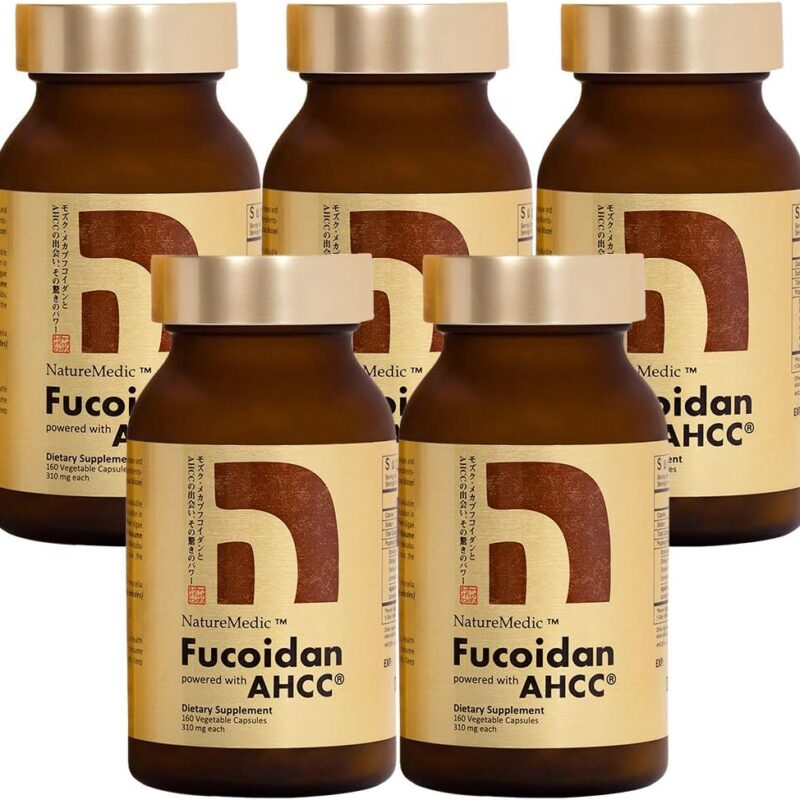 Fucoidan Powered with AHCC® Brown Seaweed Immunity Supplement with High Purity Organic Mekabu Mozuku Agaricus 5 Bottles - 800 Vegetable Capsules Made in Japan