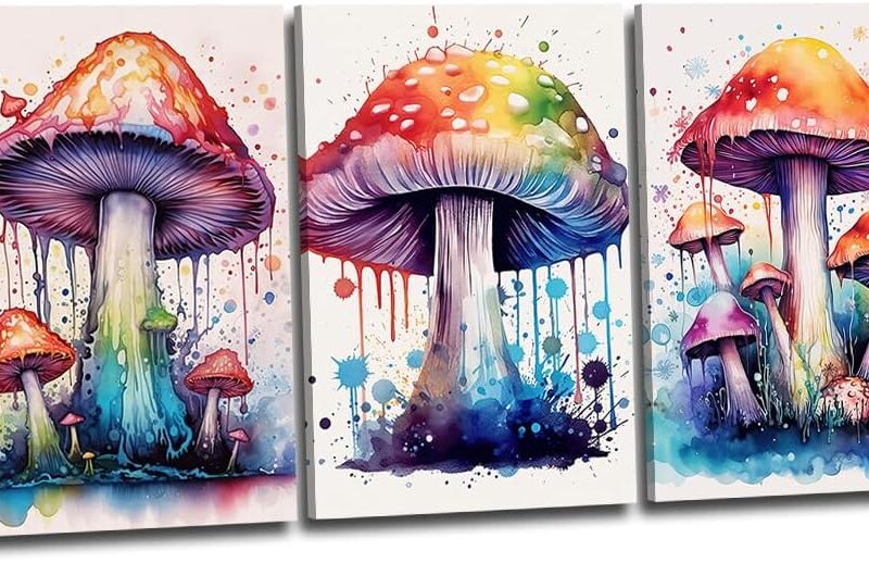 ZHOUWALLPIC Watercolor Mushroom Canvas Wall Art 3 Pieces Graffiti Magic Mushrooms Paintings Colorful Mushroom Picture Prints for Kitchen Decors(Flowers-3,24x36inchx3 Pieces (60x90cmx3 Pieces))