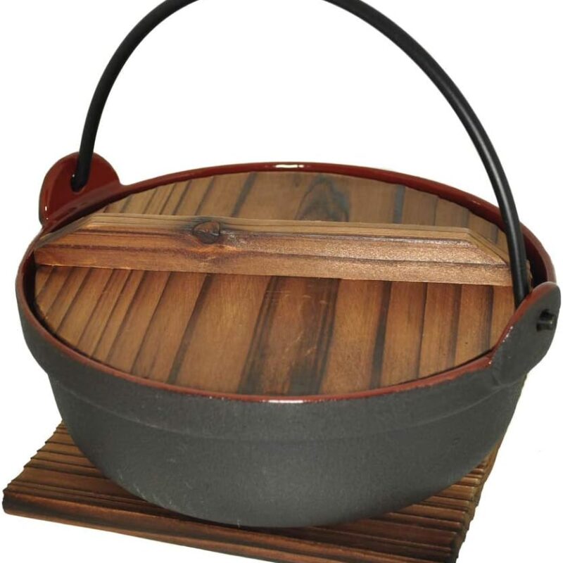 Japanese Style Enamel Coated Cast Iron Pot with Wooden Lid and Base, 9.75 Inches (DIA) x 3.75 Inches (HIGH), 11 Cups