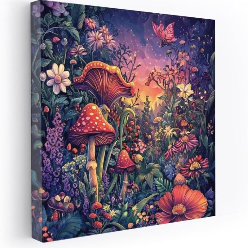 Fairytale Garden: Live Flowers and Mushrooms in Bright Colors - Wall Art Print, Painting for Home Decor [Canvas 20x16]