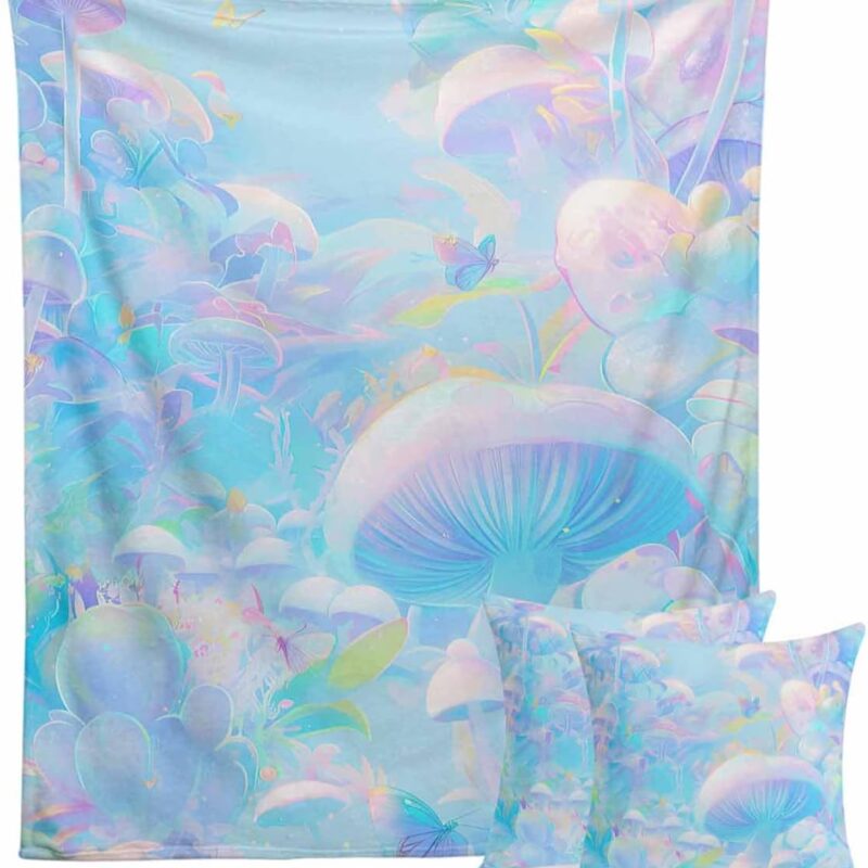 Throw Blanket and Pillow Case Set Iridescent Blue Mushroom Butterfly Abstract Art Cozy Bed Throw Blanket 40"x50"with 2 Soft Pillow Cover for Sofa,Office,Home