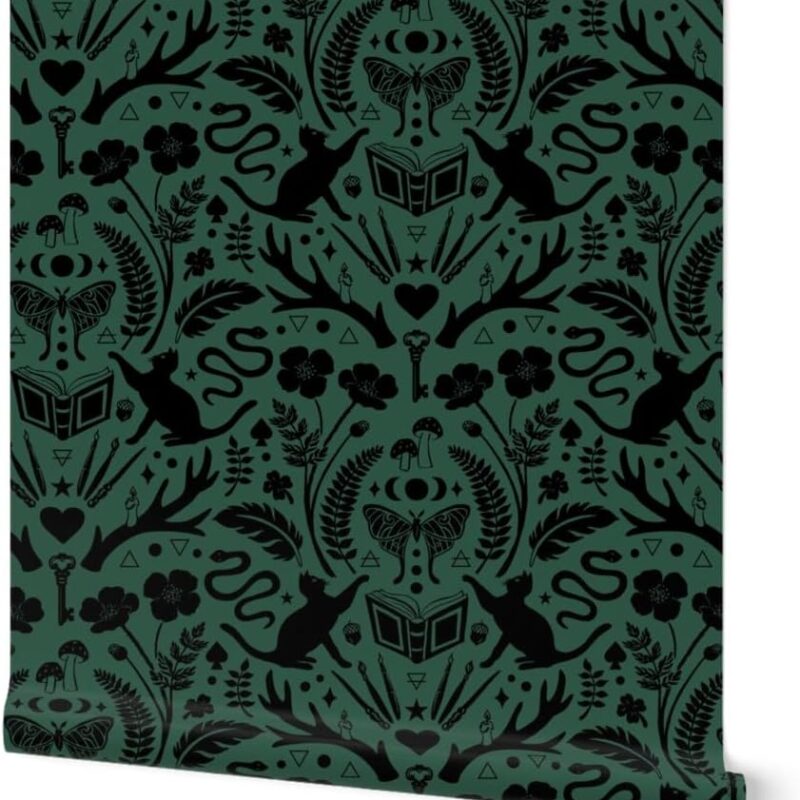 Peel & Stick Wallpaper 6ft x 2ft - Moody Witchy Whimsigoth Black Cat Moth Snake Goth Witch Spooky Moon Mushrooms Magic Witchcraft Green Custom Removable Wallpaper by Spoonflower