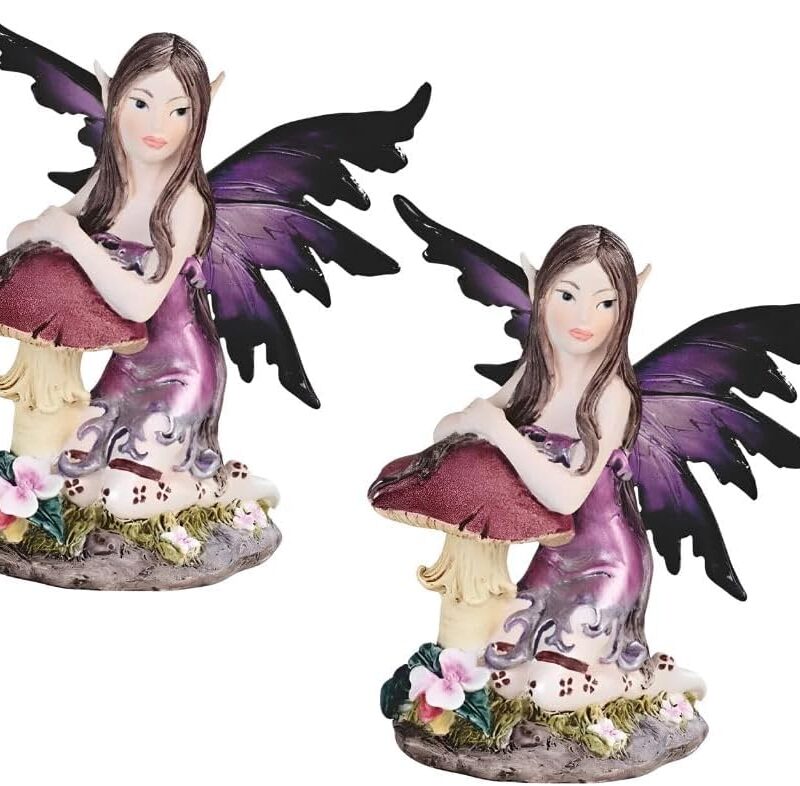 ICE ARMOR 2-PC Gift Set 5" H Blue/Purple Fairy with Clear Wings Leaning on Mushroom Figurine Statue Ornament Home Room Office Decor Ideas for Housewarming, Holidays and Birthdays