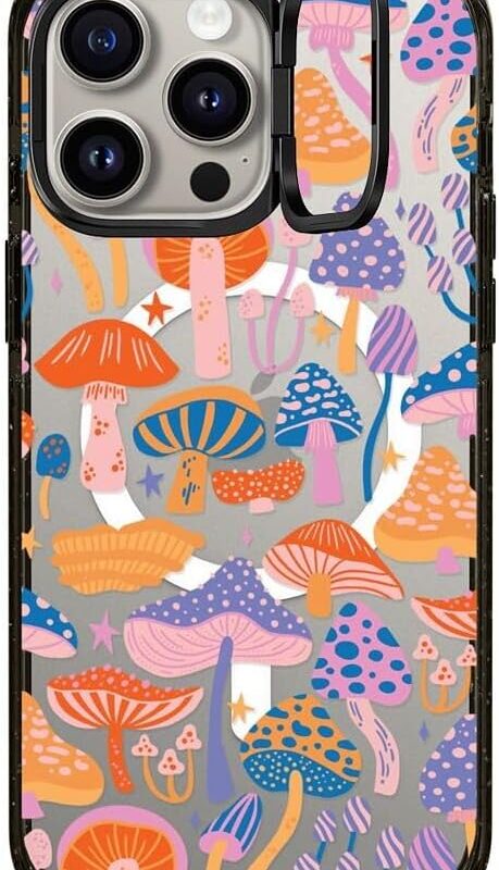CASETiFY Impact Ring Stand Case for iPhone 15 Pro Max [3X Military Grade Drop Tested / 6.6ft Drop Protection/Compatible with Magsafe] - Cute Prints - Magic Mushrooms - Clear Black